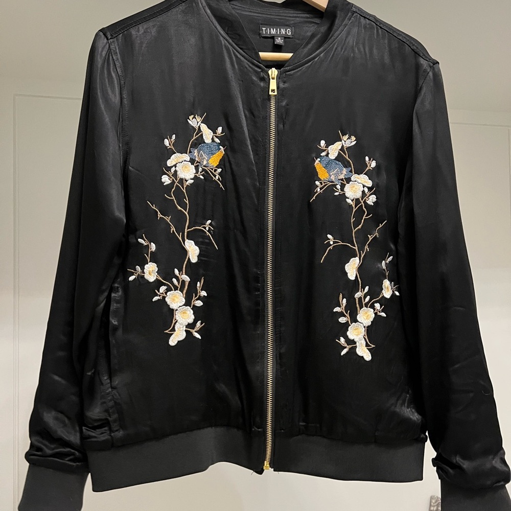 Timing Floral Embroidered Floral Bomber Jacket - Size Small